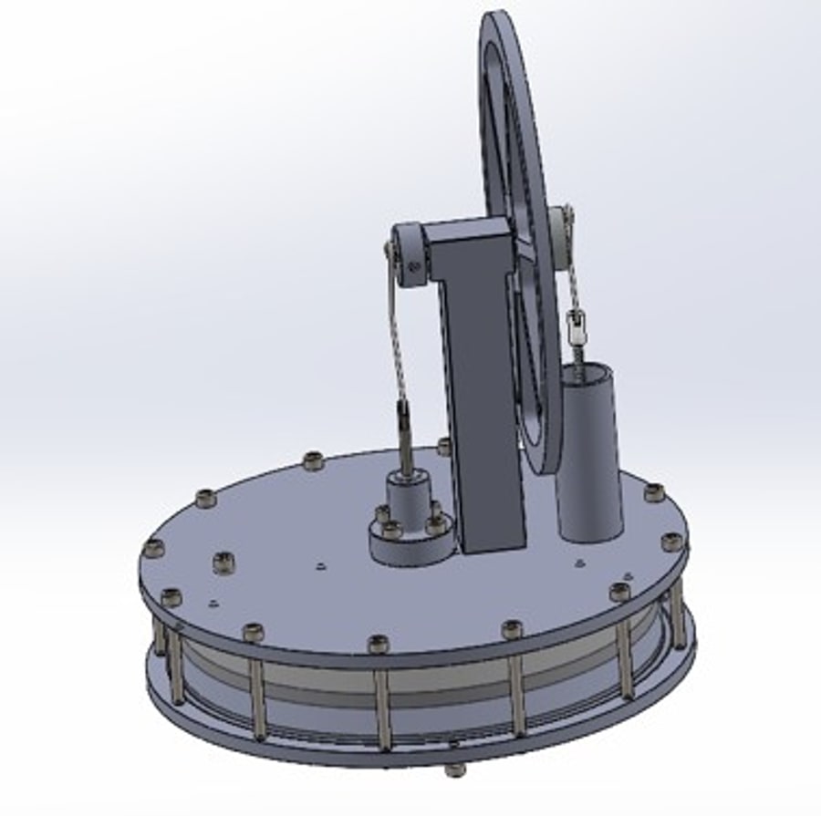 SolidWorks assembly render of the low-temperature-differential Stirling engine — finned base, flywheel, displacer cylinder, and crank linkage.